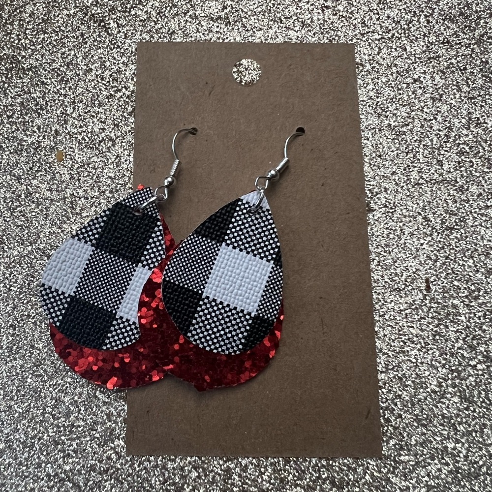 3/$20 Handmade Buffalo Plaid + Red Teardrop earrings